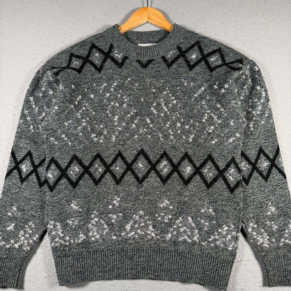 Vintage Le Tigre‎ Mens Medium Grey Geometric Diamond Knit Crewneck Sweater USA